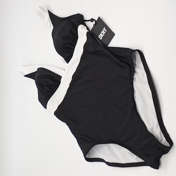 DKNY Plunging Colorblocked One-Piece Swimsuit Black White 8 - Picture 2 of 14